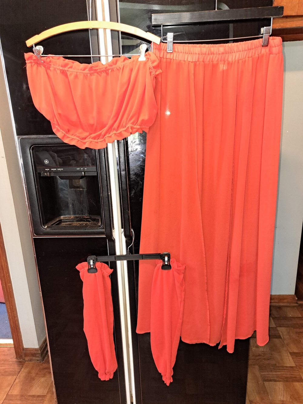 Coral Orange Two-Piece Set with Skirt ,Crop Top And Detached Puff Sleeves